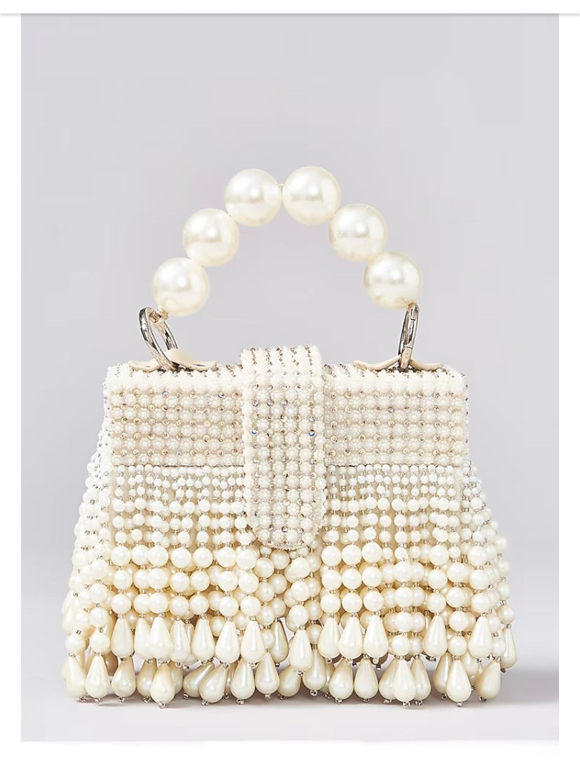 Premium Ivory Pearl Velvet & Bead Embellished Box Handbag